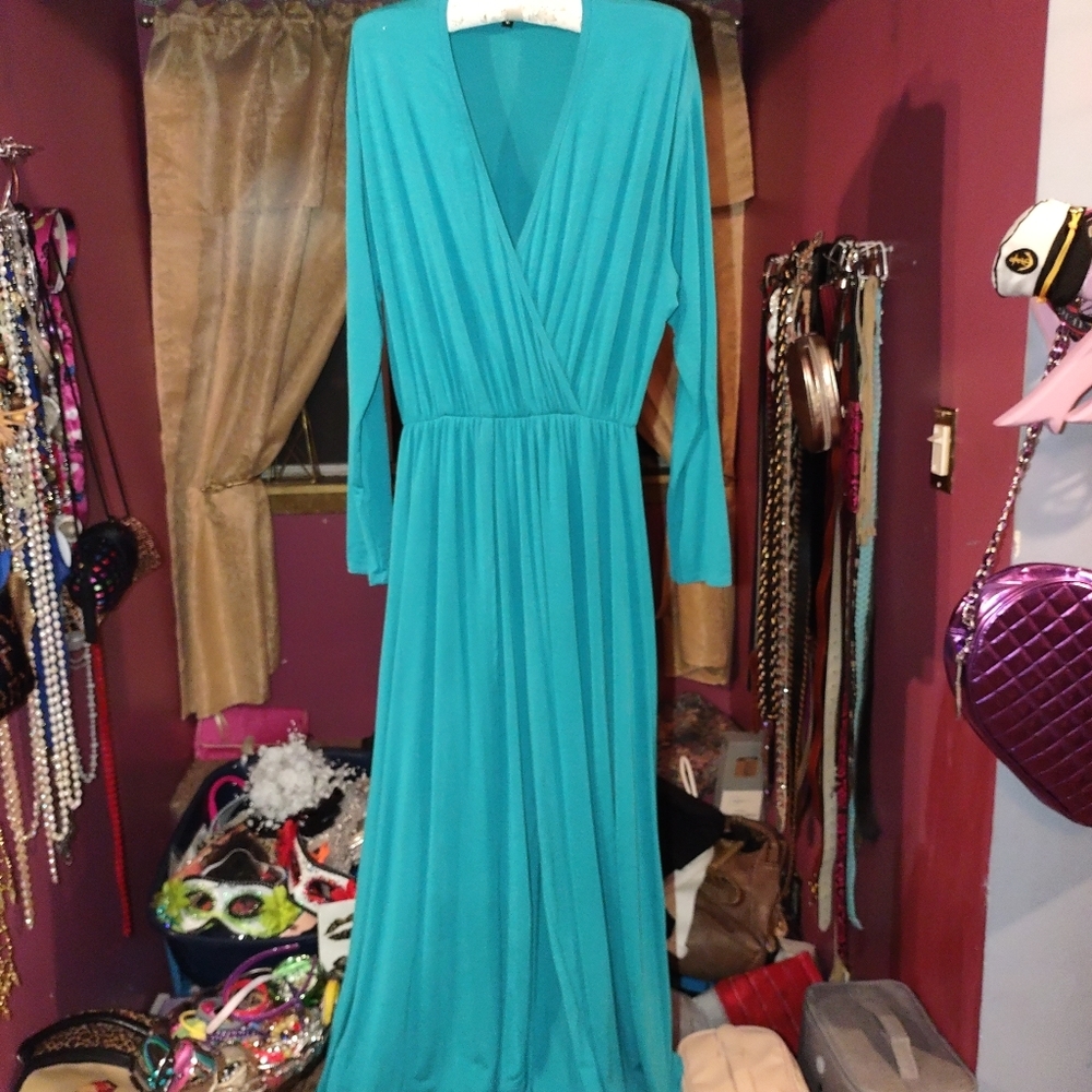 Lucky & Blessed One Piece Teal Pant Suit With Attached Floor Length Skirt M